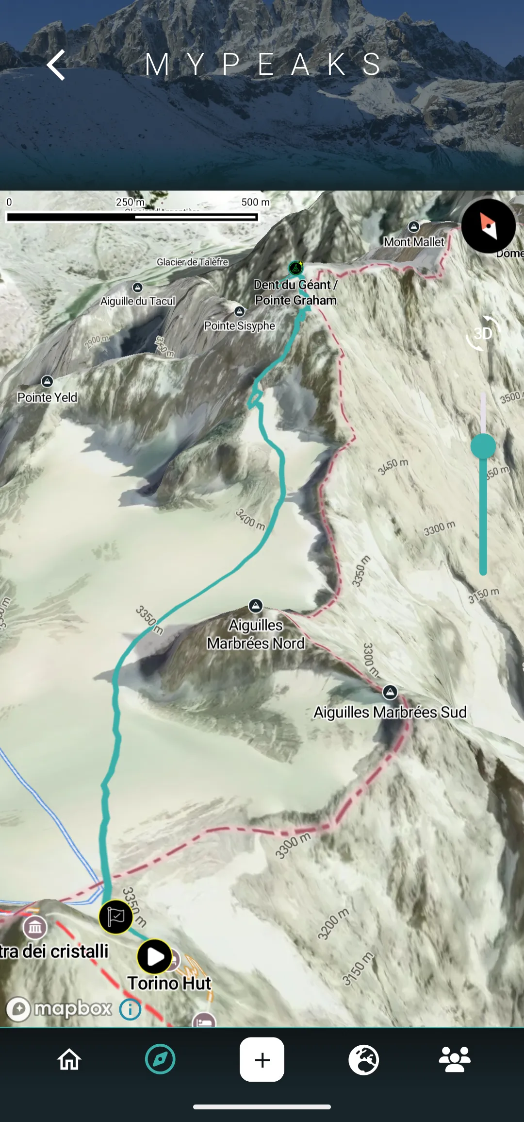 MyPeaks 3D terrain view of the route from Torino Hut across the Glacier du Géant to the Dent du Géant.