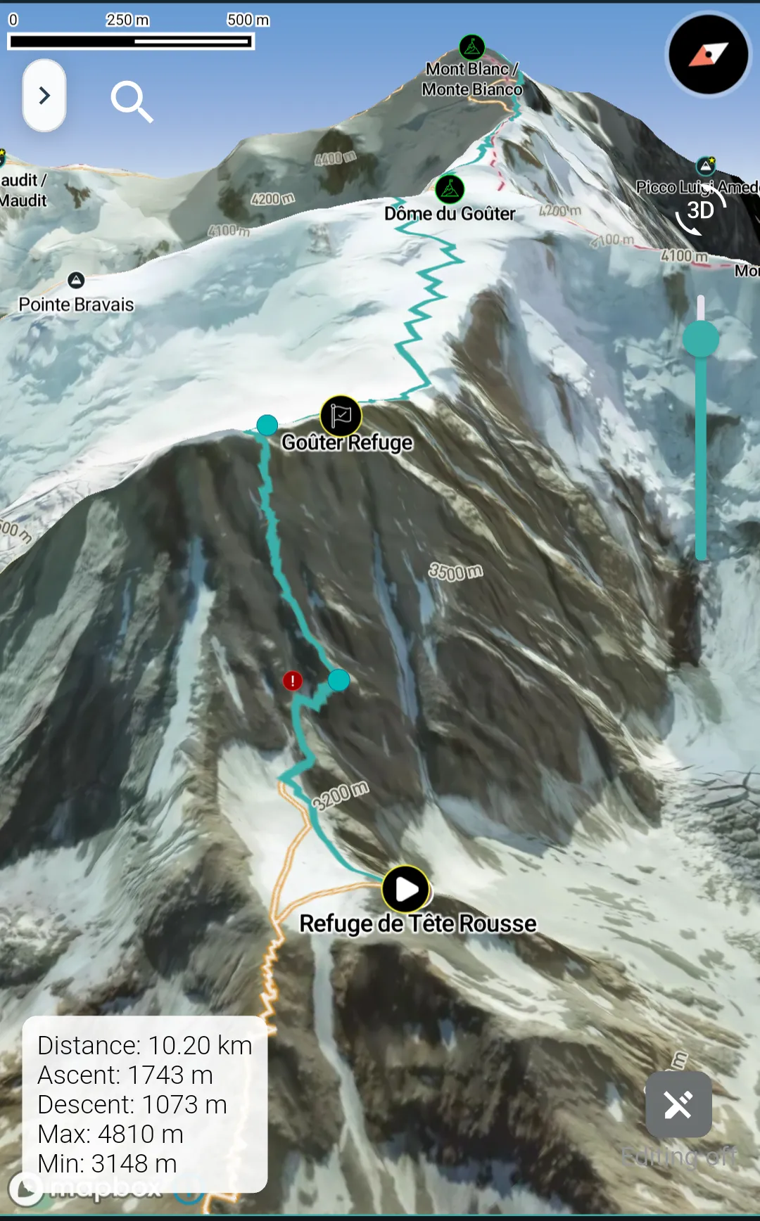 MyPeaks 3D terrain view of the Goûter route on Mont Blanc, from Refuge de Tête Rousse past the Goûter Refuge to the Dôme du Goûter, with the route’s distance, ascent and elevations.
