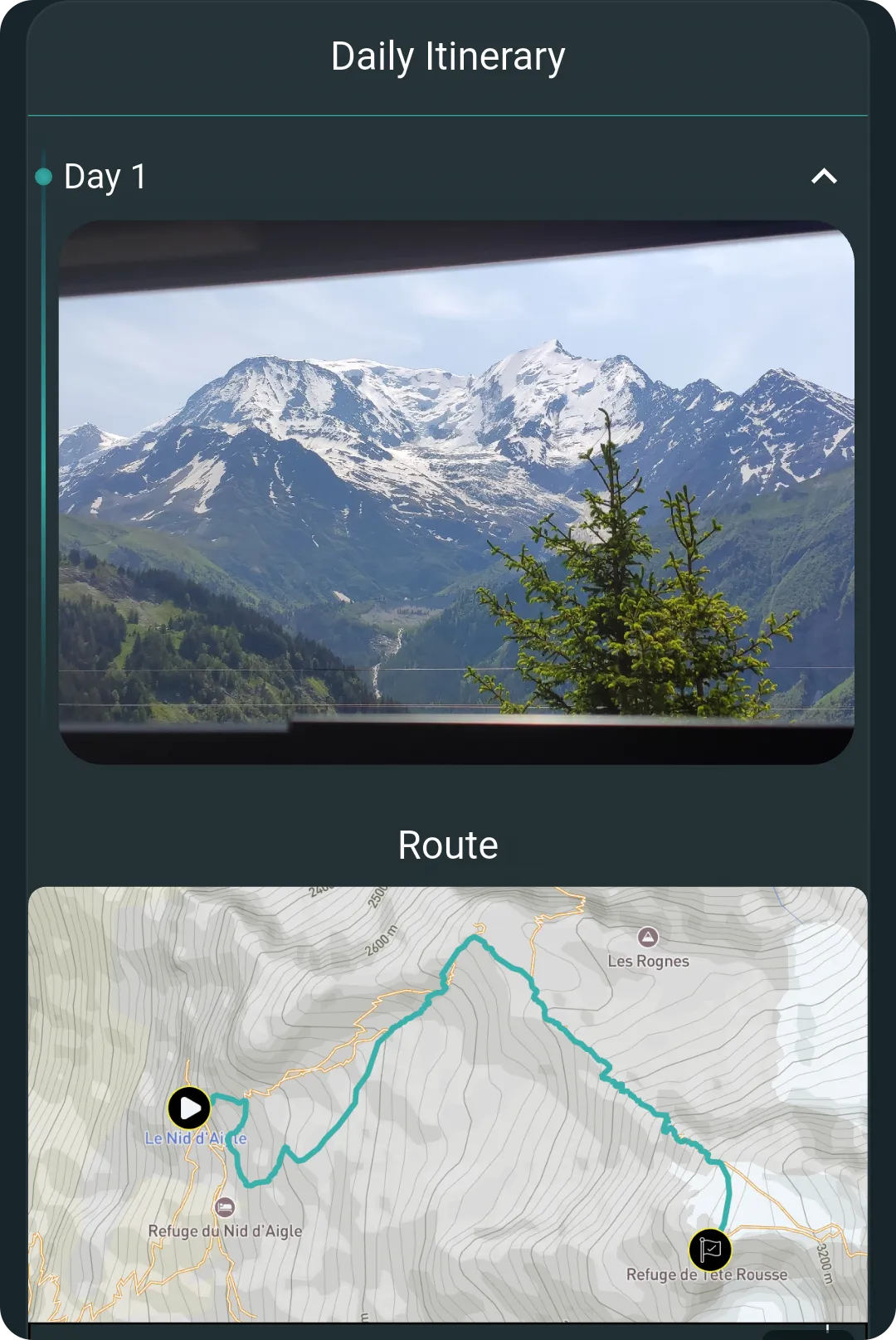 MyPeaks trip screen: the Daily Itinerary with Day 1 open, a photo of snow-covered mountains and the day’s route on a topographic map.