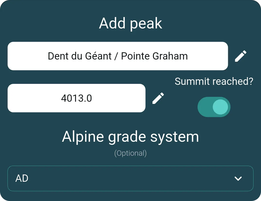 MyPeaks Add peak screen: Dent du Géant / Pointe Graham, elevation 4013.0, Summit reached switched on, alpine grade AD.