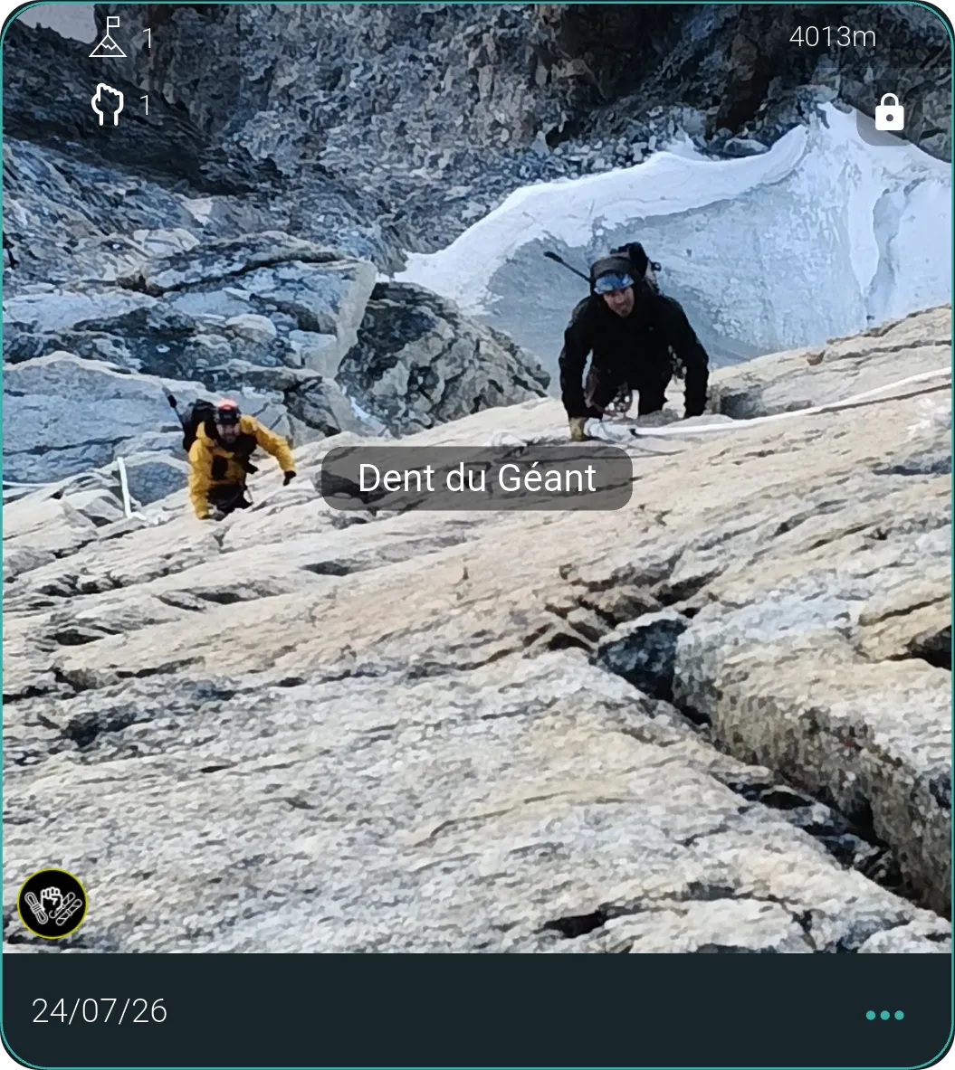 MyPeaks trip card: Dent du Géant, 24 July 2026, one summit and one climb, 4013 m, climbers on granite slabs.
