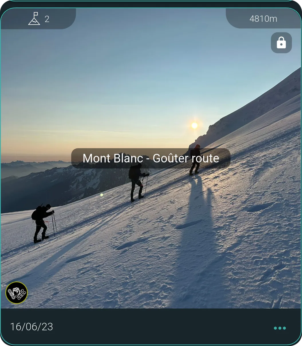 MyPeaks trip card: Mont Blanc, Goûter route, 16 June 2023, two summits, 4810 m, a roped party climbing at dawn.