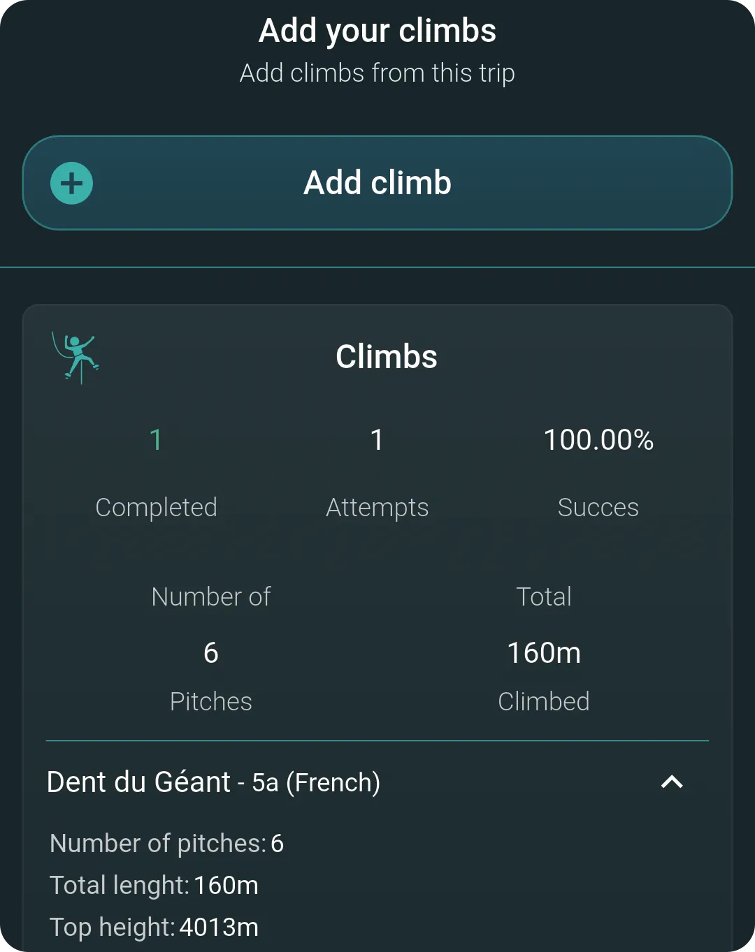 MyPeaks adding climbs to a trip: under Climbs, Dent du Géant, 5a in the French system, 6 pitches, 160 m climbed, top height 4013 m.