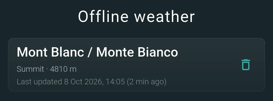 MyPeaks Offline weather: a saved forecast for Mont Blanc, summit at 4810 m, with its last update time.