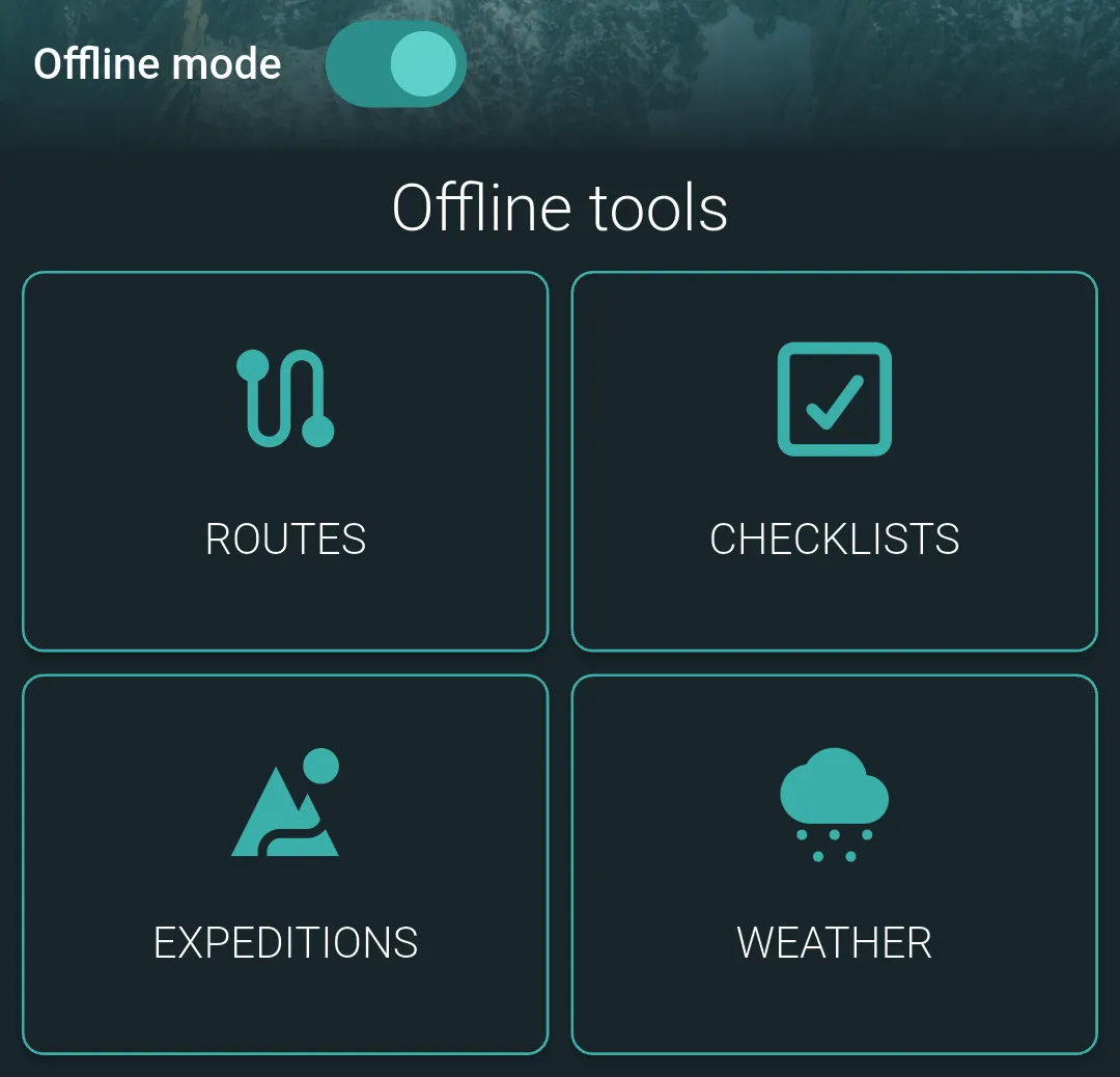 MyPeaks with Offline mode switched on and the offline tools: Routes, Checklists, Expeditions and Weather.